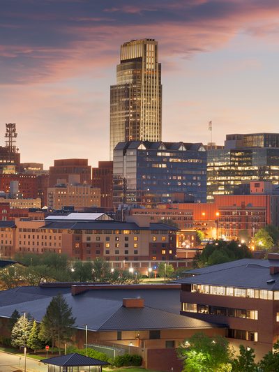 Downtown Omaha skyline at dusk